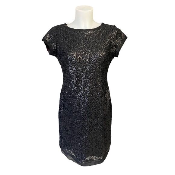 Vince Camuto Black Fully Sequinned Mini Evening/ Casual Dress Frayed Trims Sz 4 - Picture 1 of 10